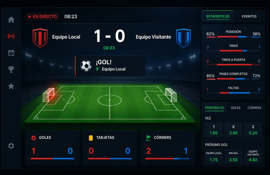 Goles, tarjetas y córners en directo